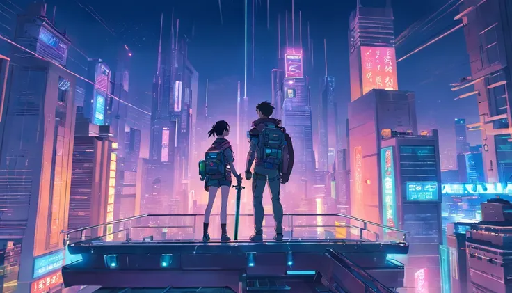 beautiful night cyberpunk city with a boy and girl cyberninjas standing on top of a building with futuristic armor and katanas