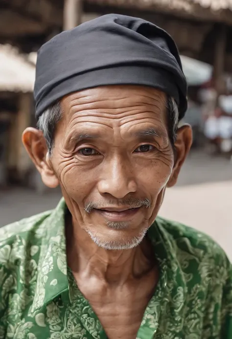 Photo of an old Javanese man, from Lamongan City, in East Java, Java Island in Indonesia. A Soto Soup seller. Around 50 years old, dark brown skin, black eyes, wide eyes, black straight hair with little bit curly hair. Cheerful-pleasant and open minded per...