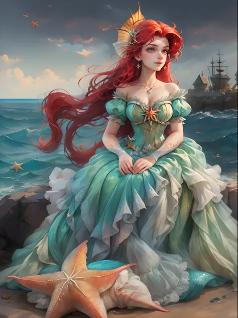 HighestQuali，tmasterpiece：1.2，Detailed details，A 16-year-old woman dressed up as a portrait of Ariel the Little Mermaid of Disney，Exquisite facial features，She held a starfish in her hand，She sits by the sea，There is foam everywhere