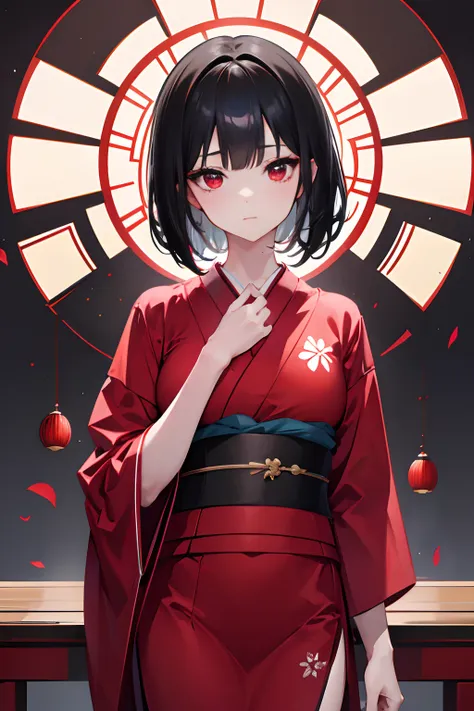 1 beautiful girl , short black hair, red eyes, clothes yukata , city japan , absurdres, highres, ultrasharp, 8k, masterpiece, lo...