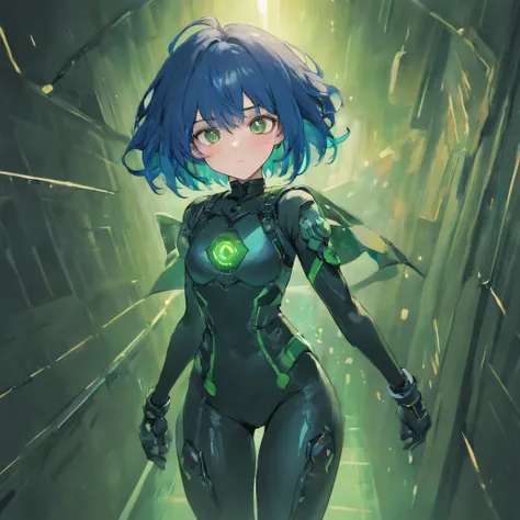 One lady、２２age、deadpan、bob cut  hair、Blue hair、Deep green eyes、Wearing a combat suit over a black bodysuit、wearing boots、