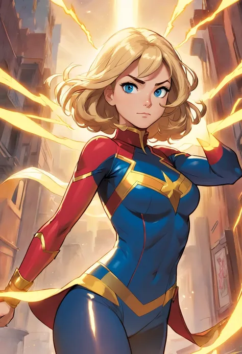 Carol danvers, sleeveless turtleneck leotard, wavy hair, very long hair, blonde hair, blue eyes, huge breasts, detached sleeves, elbow gloves, black leotard, thong leotard, superhero, marvel, yellow lightning bolt symbol, lightning bolt print, thighhighs, ...