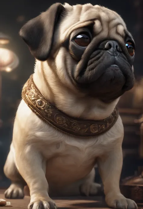 Cute pug，facing at camera，ssmile，Clear hair details，8K，Cinematic texture