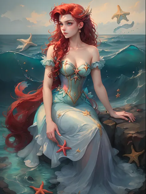 HighestQuali，tmasterpiece：1.2，Detailed details，A 16-year-old woman dressed up as a portrait of Ariel the Little Mermaid of Disney，Exquisite facial features，She held a starfish in her hand，She sits by the sea，There is foam everywhere