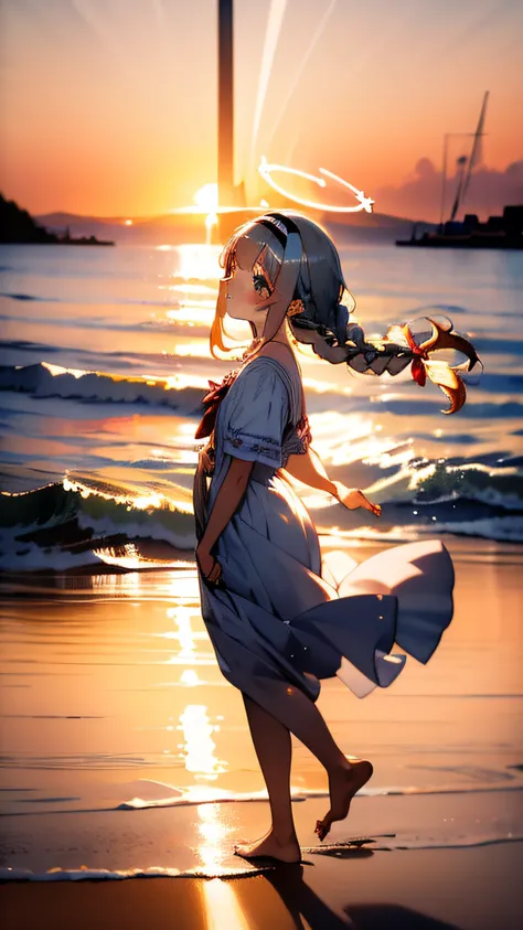 (masterpiece, best quality), arona, 1girl, white hairband, bow hairband, bang, halo, long hair, single braid, walking, full body, beach, sunset, light smile, looking up, from side, blurry