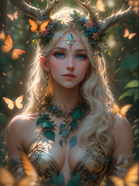 （realisticlying：1.35），（concept-art），（cowboy lens），（Majestic goddess of the forest），（Gorgeous face，big breasts enchanting，Amazing），（Long, Flowing light blonde hair），A humanoid body composed entirely of flowers and leaves，（Beautiful skin is green，Made of com...