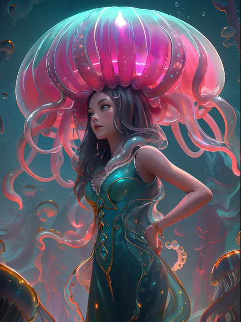 (best quality,ultra detailed)  apture a high-resolution image that emphasizes the importance and grace of the character—a woman with a jellyfish head and a body adorned with graceful, slimy tentacles. The viewpoint should be from the ground, looking up, sh...