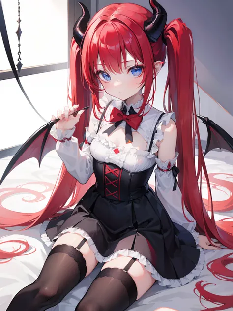 red hair,blue eyes,twintails, long hair, solo, loli, black stockings,{{best quality}}, {{masterpiece}}, {{ultra-detailed}}, {illustration}, {detailed light}, {an extremely delicate and beautiful},little girl,cute,Succubus, demon,horns