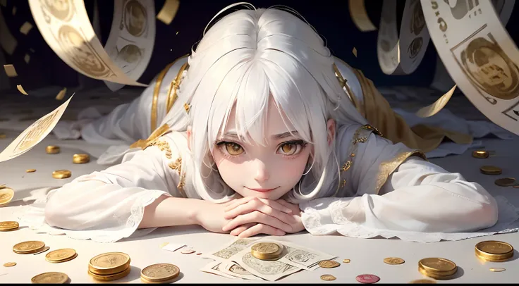 best quality, white hair, gold eyes, white clothes, looking up, upper body, hair strand, Fair skin, smiling, Banknotes and coins are scattered, lie down