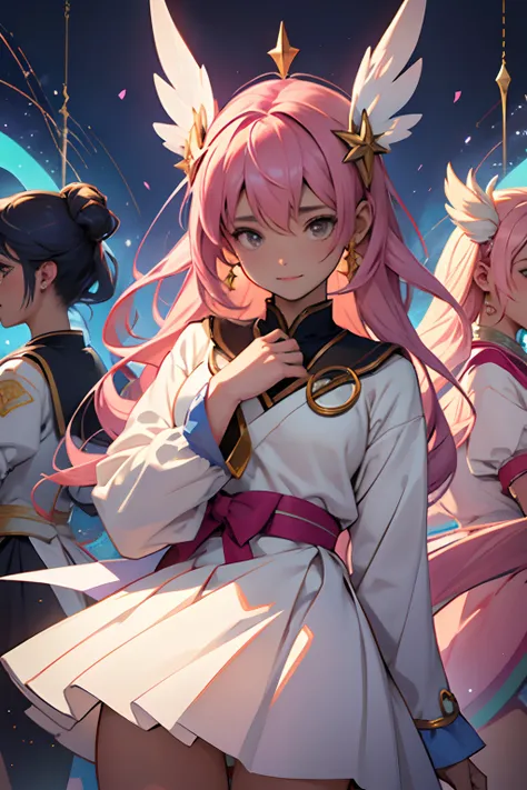 An image of four heavenly magical girls, estilo star guardians, muito lindas, muito bonitas, muito atraentes, como cabelos bonitos e coloridos, rostos detalhados e perfeitos, Detailed and perfect hands, roupas coloridas e bonitas, Artstation Trend, esquema...