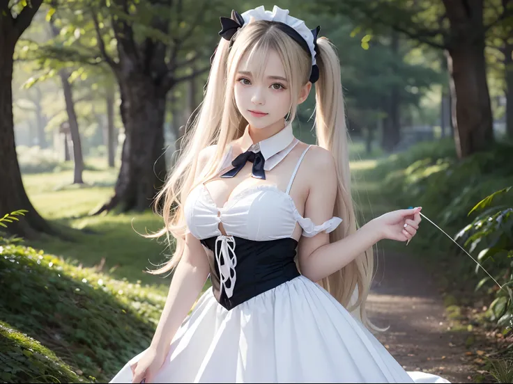 ​masterpiece、top-quality、hight resolution、extremely detailed photo、profetional lighting、Alafi in white dress and black shoes poses for photo、a sexy maid in a magical forest、doress、Lori in a dress、gorgeous maid、maid clothes、maid dress、a maid in a magical fo...