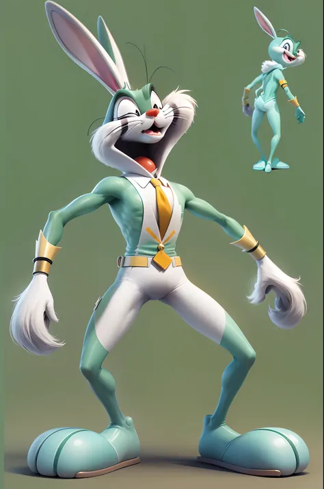 Bugs bunny character, more dynamic front and side pose , t pose standing ,full body , cartoon network type colours. ,has to be funny looking