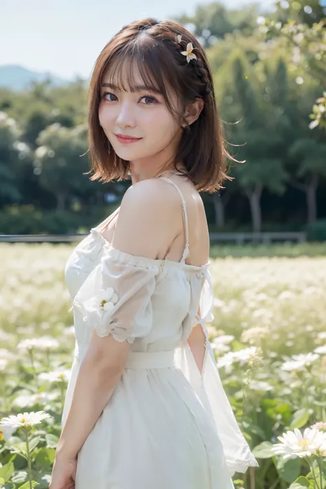 top-quality、​masterpiece、超A high resolution、(Photorealsitic:1.4)、Raw photo、女の子1人、robe blanche、off shoulders、flower  field、glistning skin、Light smile、Braided hair、Floating hair