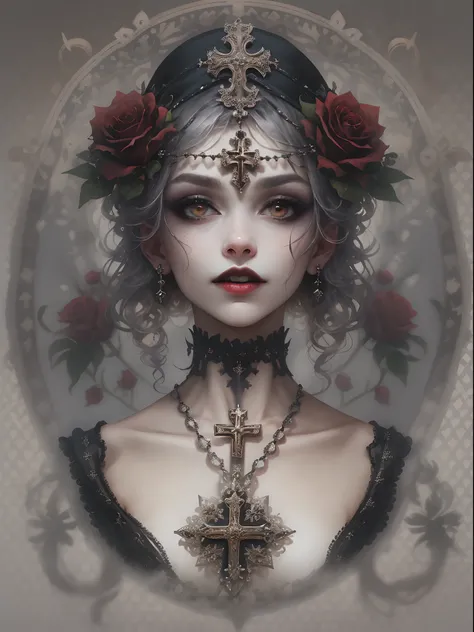 HighestQuali，tmasterpiece：1.2，Detailed details，1 Gothic girl，Black wedding dress，Gorgeous headdress，Bust，Rose flower，crosses，silver ornaments、brunette color hair、redheadwear、blond hairbl、paleskin、Black lipstick and eye shadow，Accessories include the Cross ...