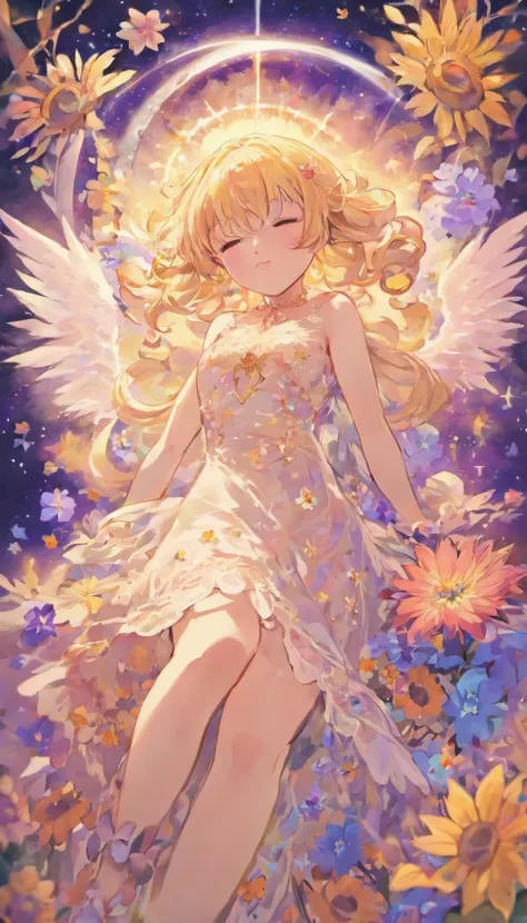 tmasterpiece，Best quality at best，1个Giant Breast Girl，blond hairbl，lacy white dress，teens girl，middle School girls，独奏，Glass flower room，Transparent wings，long whitr hair，ssmile，Sleep on your side with your eyes closed，There are a lot of flowers around the ...