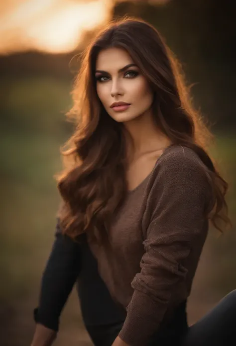 a woman with long brown hair and in a top and tight pants, tumblr, innocent face, evil face, digital art, attractive beautiful face, beautiful model girl, extremely beautiful face, very beautiful sexy figure girl, , beautiful girl model, photo of a beautif...