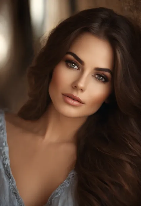 a woman with long brown hair and in a top and tight pants, tumblr, innocent face, evil face, digital art, attractive beautiful face, beautiful model girl, extremely beautiful face, very beautiful sexy figure girl, , beautiful girl model, photo of a beautif...