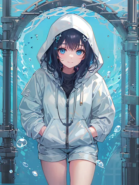 ((top quality)), ((masterpiece)), ((super detail)), (very delicate and beautiful), girl, solo, cold demeanor, ((black jacket)), she looks very (relaxed) and (calm), black hair, depth of field, evil smile, stirrups, underwater, air bubble, light blue eyes, ...