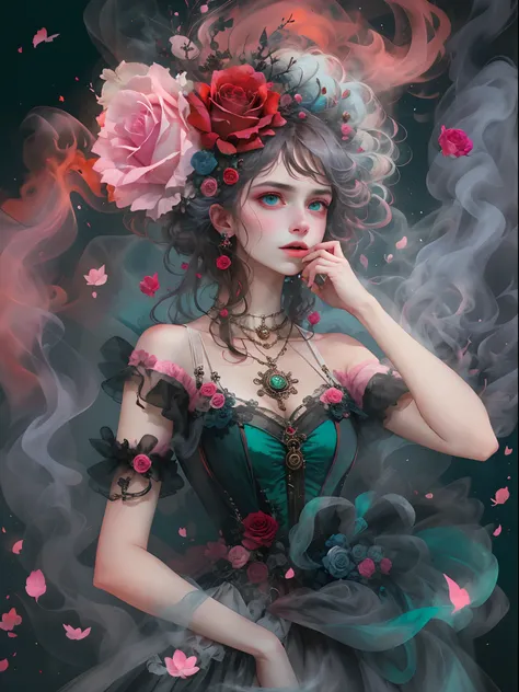 HighestQuali，tmasterpiece：1.2，Detailed details，4k realistic Roman mythology, Girl, Halloween dress up，Steampunk Gothic Victorian style, deep colour, psychology, surrealism, Sublimation, subconscious, Emotions, enthusiasm, In pink、White and red details, ros...