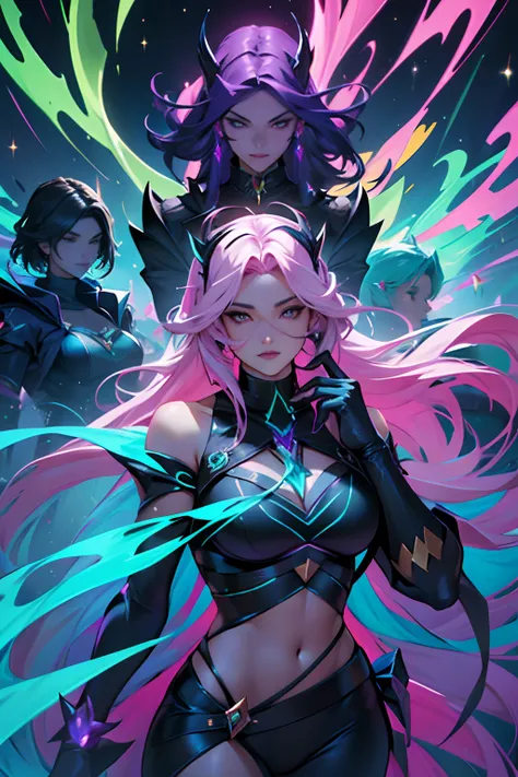 Group of four villains in the corrupted Star Guardian style, corrupted magical girl, jovens, bonitas e sexy, muito bonitas, cabelos longos volumosos e com cores intensas e brilhantes, roupas pretas, dark, golden and holographic, poses dinamicas, mulheres b...