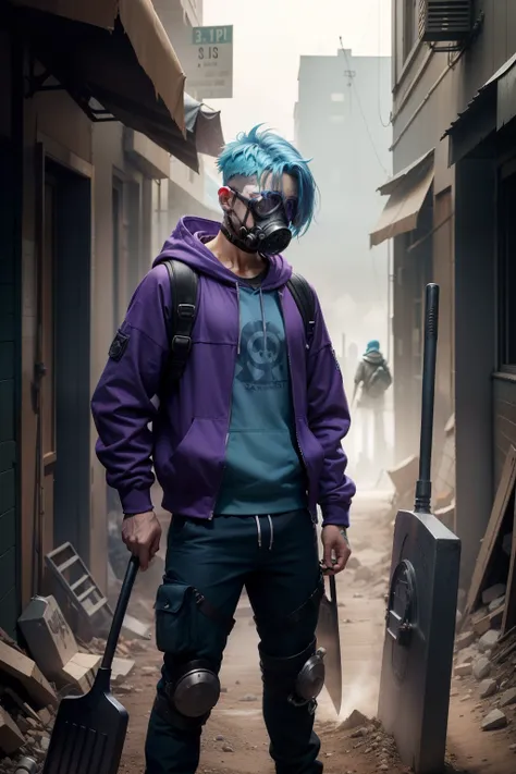 Man wearing a gasmask, blue hair, purple hoodie, purple pants, no hood, holding shovel, in a apocalyptique wasteland