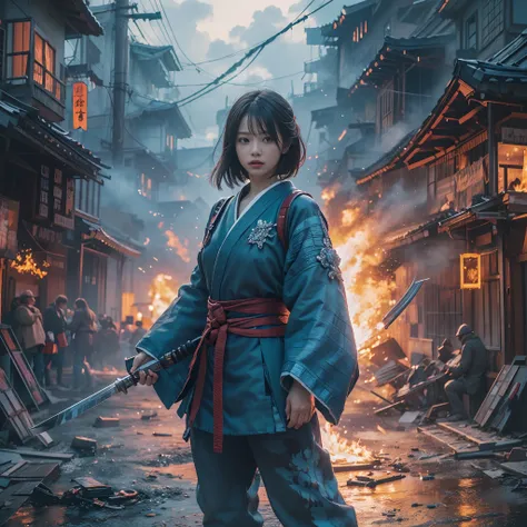 (masutepiece), (Best Quality), Photorealism, Realistic, (1girl in), Solo, Fight in blue samurai armor、Inside the burning city、A spark awaits