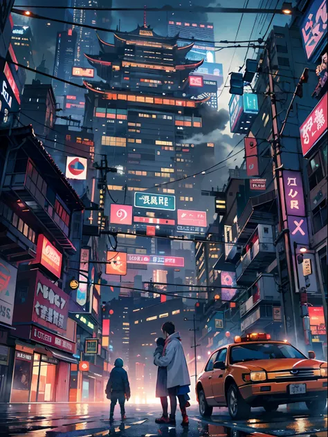 1boy,a 13 yo boy、Cyberpunk Boy、katanas,Whole body bloody、The beginning of the adventure、Lots of clouds,heavy fog、starrysky、Moon,Chaotic city of the future、Movie dystopia、A group of very tall skyscrapers stands in the center、Very complex cityscape,Crowded C...