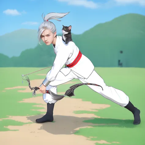 A boy 17 years old with silver hair, wear white wuxia outfit, white pants, wuxia black shoes, chrome hand shield, hold bow in the left hand and arrow in the right hand, theres a little grey cat in his shoulder