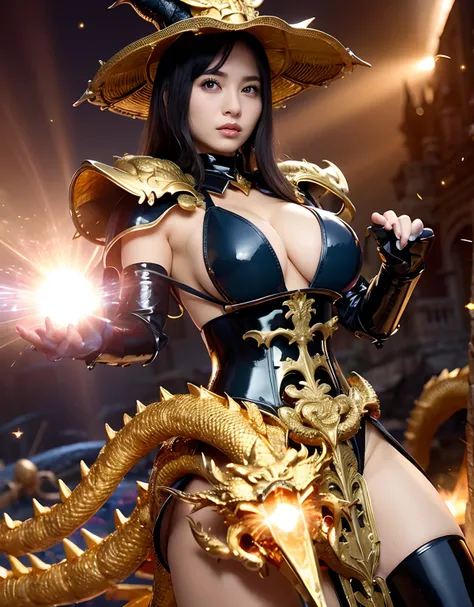 ((World of Darkness)),Professional , ​masterpiece、top-quality、photos realistic , depth of fields 、(((Fight dragons))),（Dragon Black Metal Body:1.9),(Latex Blue、（cleavage of the breast）,（Fight dragons）、、(((Particles of light))),（Micro Bikini Armor:1.7),Gorg...