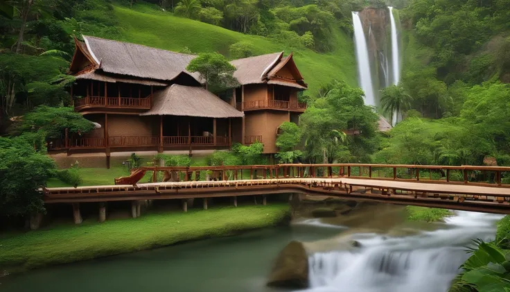 Resorts in Thailand with all cycles Both raw clay brick houses with grass roofs, activity zones, water parks and parks, and 2 cute train trains, a big waterfall seen from the entrance and around the resort is a forest, oxygen production, a village, a total...