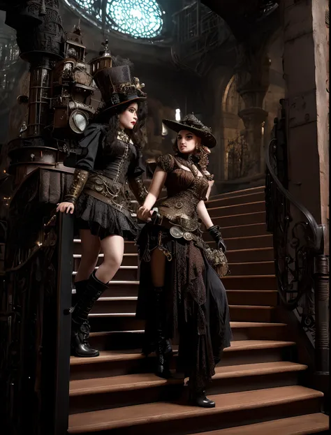 sem as mulheres subindo as escadas juntas, em uma cidade distopia steampunk, em steampunk cityscape, em vestido steampunk detalhado, estilo de fantasia steampunk, fantasy style clothing, estilo fantasia 8 k octane render, Magia e Vapor - Inspirado no Punk,...