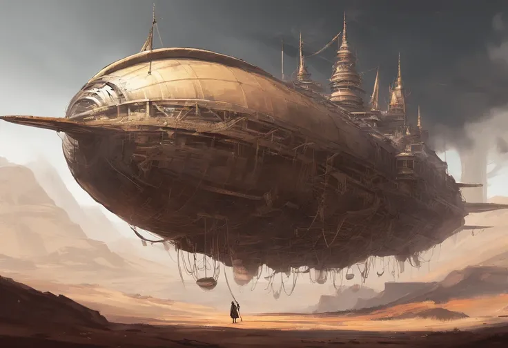 Post-apocalyptic wars, shadowing, Nero, A desert , shadowing, Gloomy atmosphere, darkly, ((natta)), The breadth of the landscape, book cover，Wasteland，A desert，Dilapidated airship，Japanese style。asian-looking，Airship in Asian style，Japanese airship