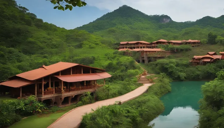 Resorts in Thailand with all cycles Both raw clay brick houses with grass roofs, activity zones, water parks and parks, and 2 cute train trains, a big waterfall seen from the entrance and around the resort is a forest, oxygen production, a village, a total...