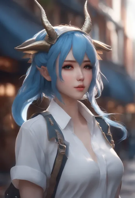 Anime girl with blue hair and horns on a street, 3D realistic anime, 2. 5 d cgi anime fantasy artwork, anime style 3d, anime style. 8k, 4k anime style, 3d style realistic anime, deviantart artstation cgscosiety, digital anime art, guweiz style art art, det...