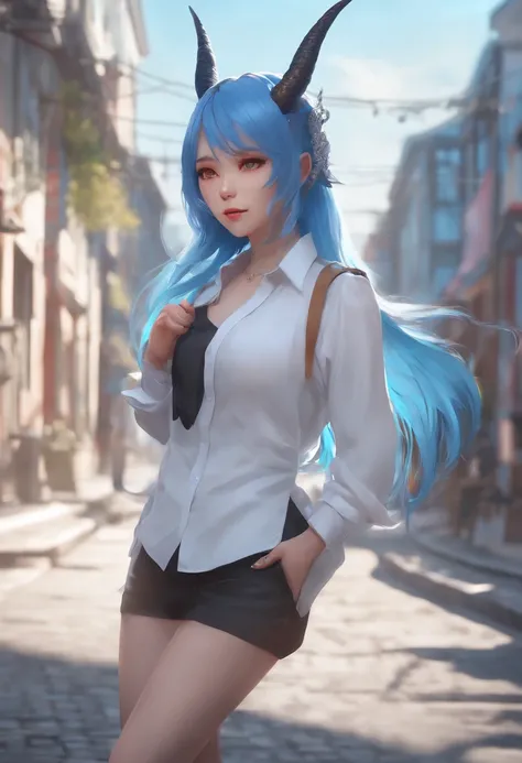 Anime girl with blue hair and horns on a street, 3D realistic anime, 2. 5 d cgi anime fantasy artwork, anime style 3d, anime style. 8k, 4k anime style, 3d style realistic anime, deviantart artstation cgscosiety, digital anime art, guweiz style art art, det...