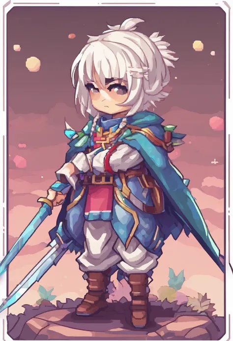 ((Sticker: 1.5))), ((Chibi character)), (white background), Fluffy, Girl, Kensei, Sword Sei, Sword Master Costume, With Holy Sword, Kensei pose, Chibi Chara, Full body, Pastel colored hair, Fairy tale, Fantastic, Rainbow, T-shirt design, Best Masterpiece, ...