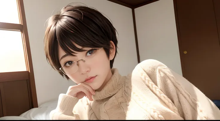 background dominates the image, indoor, wide room、japanese bedroom, futon, blanket、(disheveled pixie cut:1.2)、8K、Raw photography。top-quality、hightquality、Extreme Detail Photography、Eye for extreme detail、Super Detail Face、Hair in super detail、Super detail ...