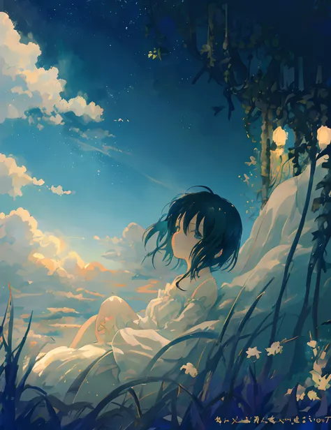 Create exquisite illustrations reminiscent of Makoto Shinkais style, It has ultra-fine details and top-notch quality. Create an illustration depicting children lying on a bed of clouds, The sky above them is、Seductively capricious、Nostalgically calm. Cloud...