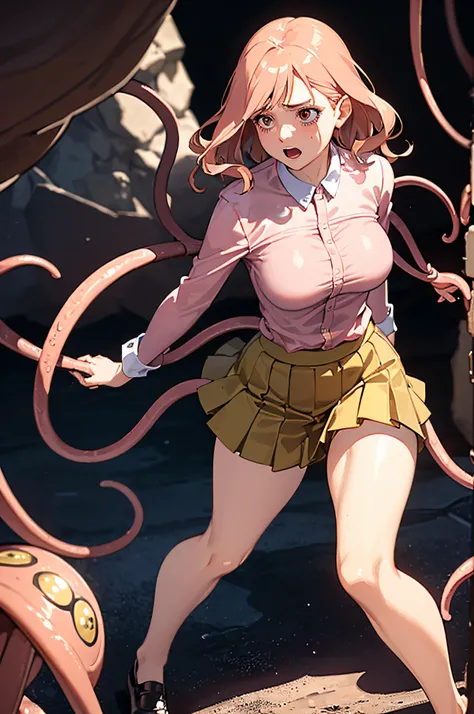 NSFW, (Best Quality, masutepiece:1.2), (Realistic,Photorealistic,Photorealsitic:1.37), Solo, 32-year-old lady, Large breasts, detailed brown eyes, Wavy medium-length hair with a pinkish tint, (pale pink blouse:1.2), (Brown knee-length pleated skirt:1.2),(s...