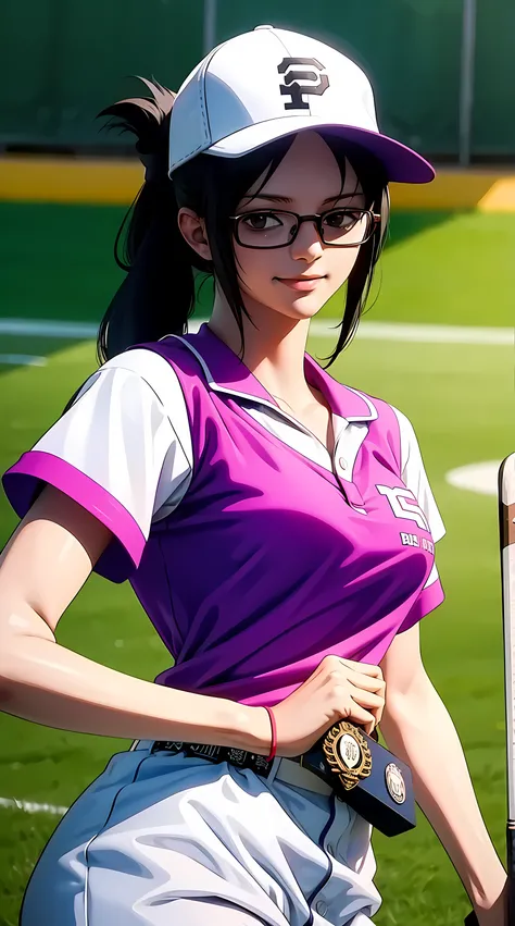 Tashigi, wearing glasses, long hair, black hair, ponytail, beautiful, beautiful woman, perfect body, perfect breasts, wearing a white baseball outfit, wearing a baseball cap, on the baseball field, holding a baseball bat, looking at the audience, smiling s...