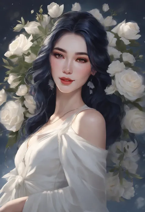 Woman, long dark blue hair gathered in a low ponytail, pale eyes, white combat dress with silver details and flowers, modernity, calm smile, full length