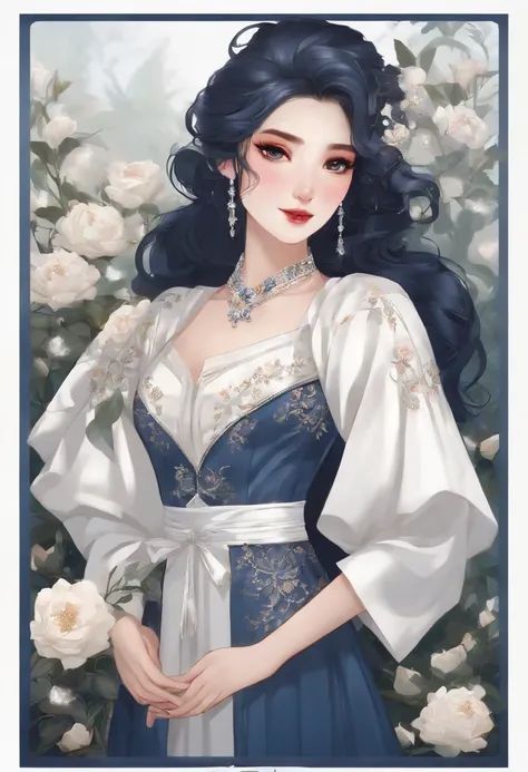 Woman, long dark blue hair gathered in a low ponytail, pale eyes, white combat dress with silver details and flowers, modernity, calm smile, full length