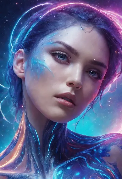 Imagine an electric blue nebula filled with psychedelic colors and pulsating plasma streams. A cyborg, half-human and half-android, floats in space, marveling at the alien technologies surrounding. illustration, dark magic splash, fantasy art, hand drawn, ...