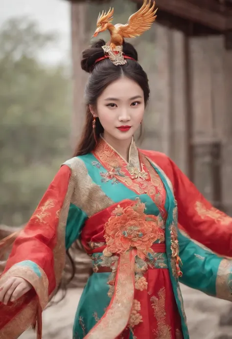 Chinese style ancient style girl，There is a phoenix behind it，The overall color is reddish-green, Shocking and domineering Chinese phoenix， Detailed phoenix head， brunette color hair， Long ponytail， Chino， cropped shoulders，， The is very detailed， dynamic ...