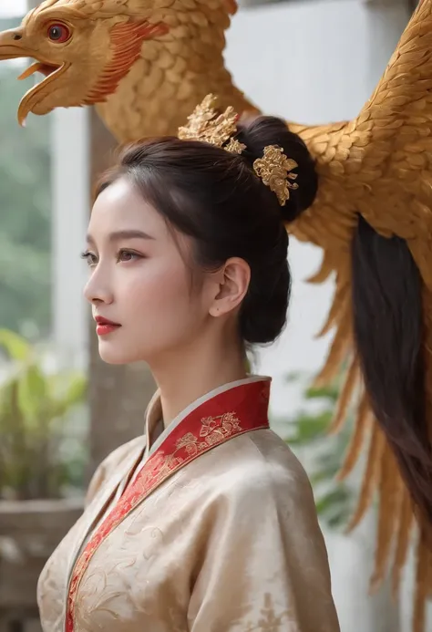 Chinese style ancient style girl，There is a phoenix behind it，The overall color is reddish-green, Shocking and domineering Chinese phoenix， Detailed phoenix head， brunette color hair， Long ponytail， Chino， cropped shoulders，， The is very detailed， dynamic ...