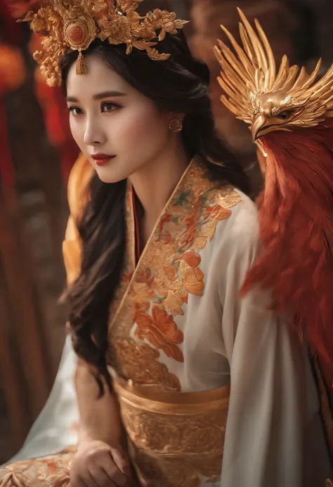 Chinese style ancient style girl，There is a phoenix behind it，The overall color is reddish-green, Shocking and domineering Chinese phoenix， Detailed phoenix head， brunette color hair， Long ponytail， Chino， cropped shoulders，， The is very detailed， dynamic ...