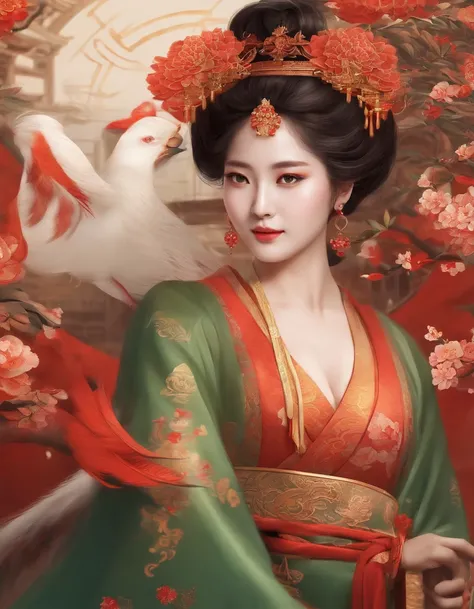 Chinese style ancient style girl，There is a phoenix behind it，The overall color is reddish-green, Shocking and domineering Chinese phoenix， Detailed phoenix head， brunette color hair， Long ponytail， Chino， cropped shoulders，， The is very detailed， dynamic ...