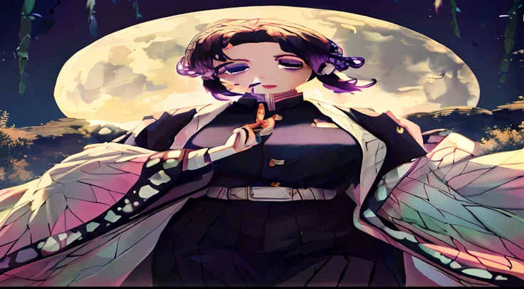 Master parts, best qualityer, highr, 1girll, in bamboo forest，In the background is a huge bright moon, Kochou Shinobu, Butterfly hair ornaments, Purple eyes, multicolored hair, Short hair, Separate strip, haori, longer sleeves, Black pantsuit, Black jacket...