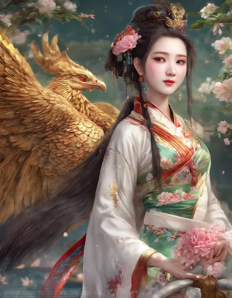 Chinese style ancient style girl，There is a phoenix behind it，The overall color is reddish-green, Shocking and domineering Chinese phoenix， Detailed phoenix head， brunette color hair， Long ponytail， Chino， cropped shoulders，， The is very detailed， dynamic ...