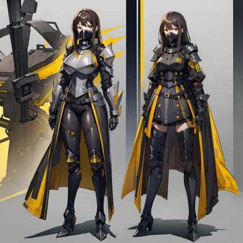 Western female knight in a gas mask，Black and gold armor，Full body like，stand posture，Long brown hair